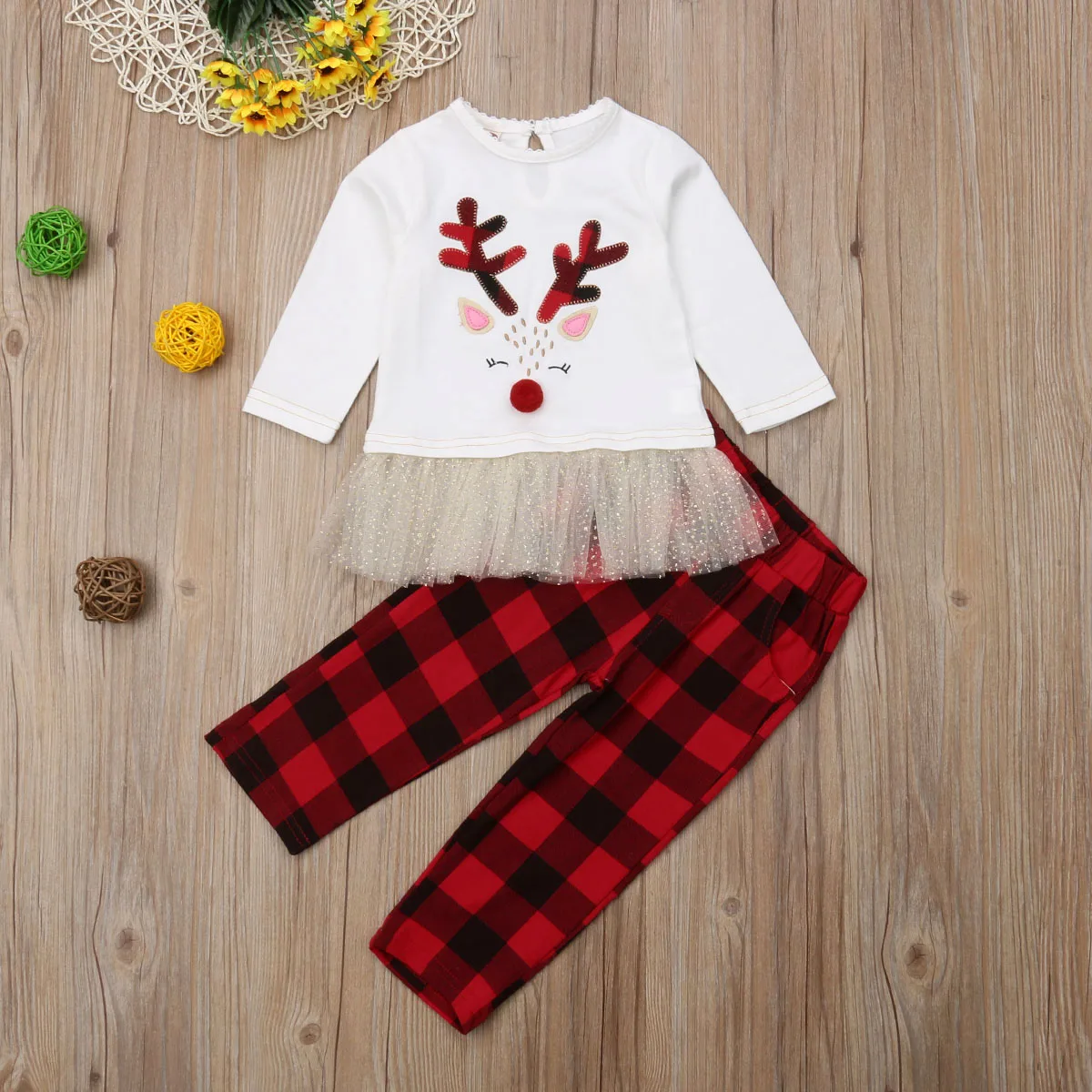 Two Piece Set Toddler Kid Baby Girls Clothes Deer Print Tutu Top+Plaid Long Pants 2pcs Casual Christmas Outfits Winter
