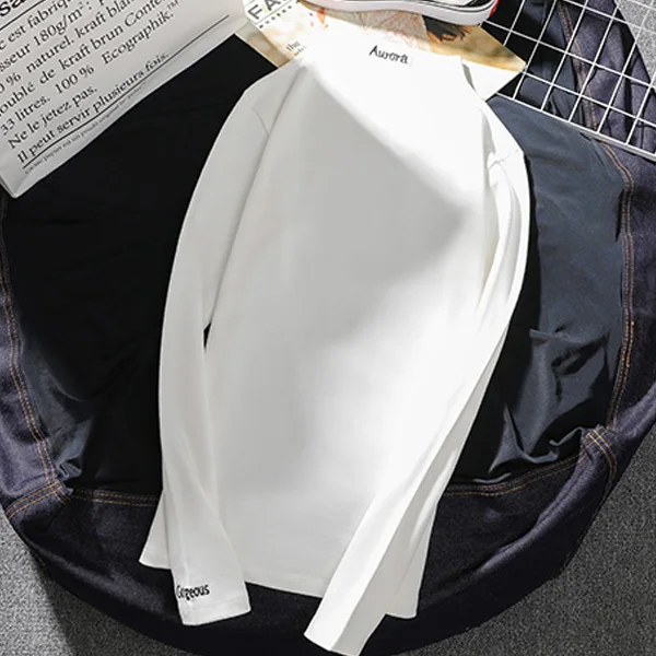 Осенне-зимняя теплая флисовая Футболка harajuku, тонкие базовые Топы с вышитыми буквами, женская футболка с длинным рукавом, повседневные Черные и белые футболки - Цвет: WJ 9855-2 bai