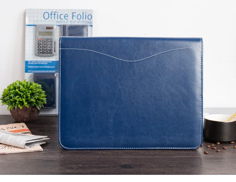 Blue A4 Padfolio папка для документов из искусственной кожи на молнии, сумка для конференций, деловой портфель, папка для офиса, папка-менеджер с калькулятором - Цвет: Blue