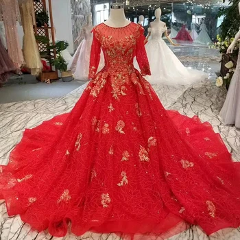 

BGW 22827ht Red Bridal Wedding Party Dresses O-neck Long Sleeves Muslim Evening Dresses Long Ball Gown Formal Party Dresses 2020