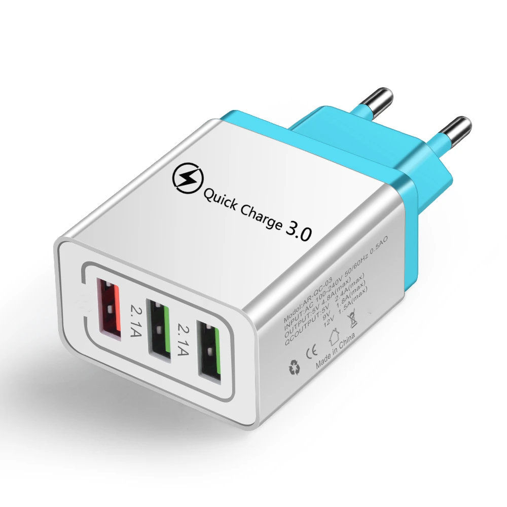 Quick Charge 3.0 QC 3.0 USB Charger Wall Mobile Phone Fast Charge Charger For iPhone11 X XS 8 7 Samsung S8 3 Ports USB Adapter - Plug Type: Light Blue
