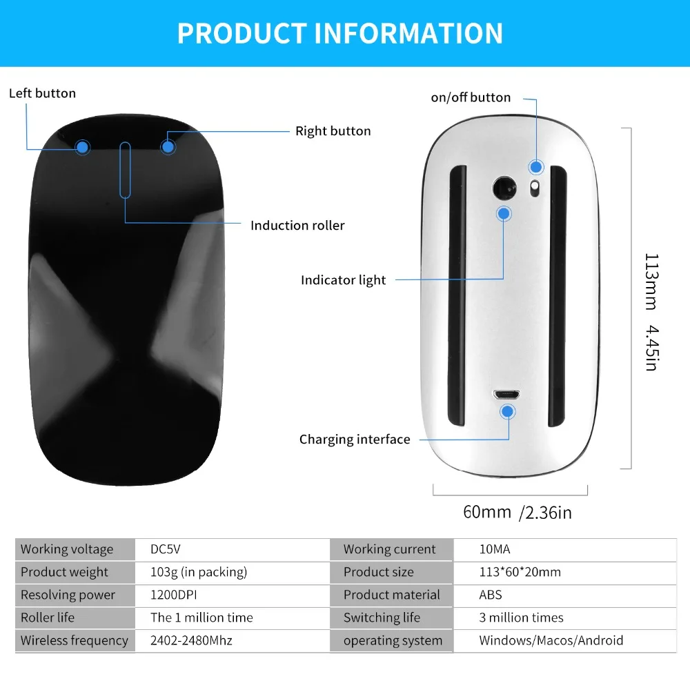 Ratón inalámbrico con Bluetooth 5,0, Mouse recargable, silencioso, multiarco táctil, mágico, ultrafino, para portátil, Ipad, Mac, PC, Macbook - Imagen 5