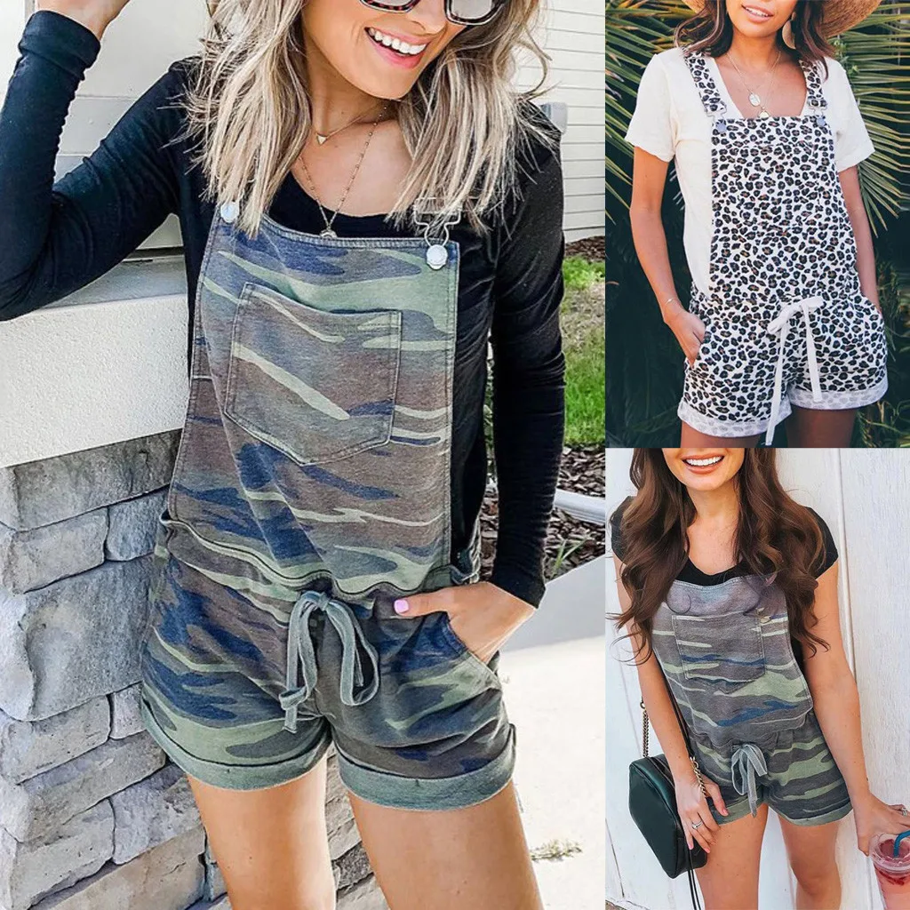 30h de las mujeres de la moda chaquetas de camuflaje con estampado de leopardo de mono con bolsillos tirantes pantalones cortos traje de salto