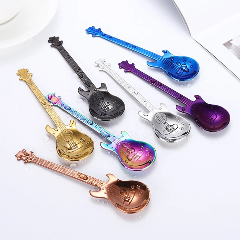 1/3/5/10pcs Stainless Steel Guitar Shaped Love Coffee Spoon Teaspoon Children Spoon 7 Colors Coffee Tea Use Kitchen stainless steel spoon tea spoon