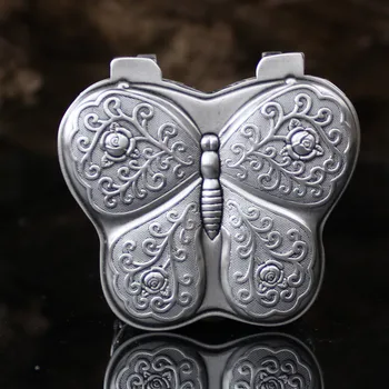 

Antique Pewter Butterfly Shape Metal Trinket Box European Vintage Silver Footed Animal Design Zinc Alloy Box With Black Inlay