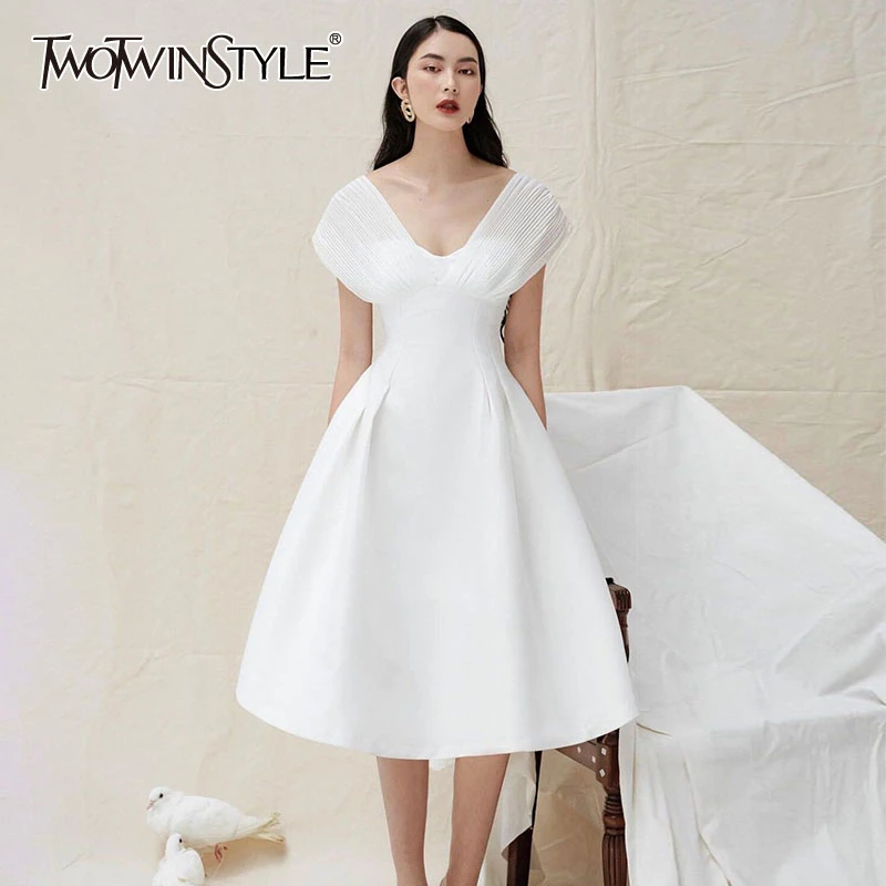 TWOTWINSTYLE White Elegant Dresses For Women V Neck High Waist Short Sleeve Ruched A Line Dress Female Summer New Clothing 2020 TWOTWINSTYLE White Elegant Dresses For Women V Neck High Waist Short Sleeve Ruched A Line Dress Female Summer New Clothing 2020