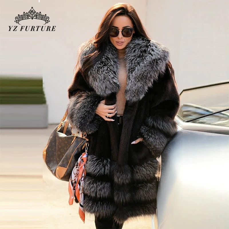 Зимнее длинное пальто, пальто из натурального меха с воротником из лисьего меха, шуба из натуральной норки с мехом, женские длинные рукава, настоящий мех на заказ