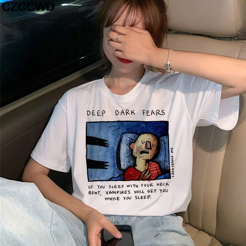 

Women Clothes 2019 Vintage Deep Dark Fears Print T Shirt Personality Vogue Harajuku Casual Aesthetics White Tops Female T-shirt