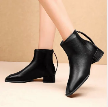 

Women's shoes 2020 Chunky heel square head solid-color low-cut leather boots with zipper after stitching Fall fashion boots