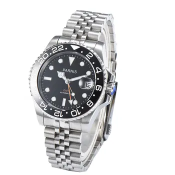 

Luxury brand parnis 40mm black dial luminous marks sapphire glass ceramic bezel GMT self-winding movement men's wrist watches