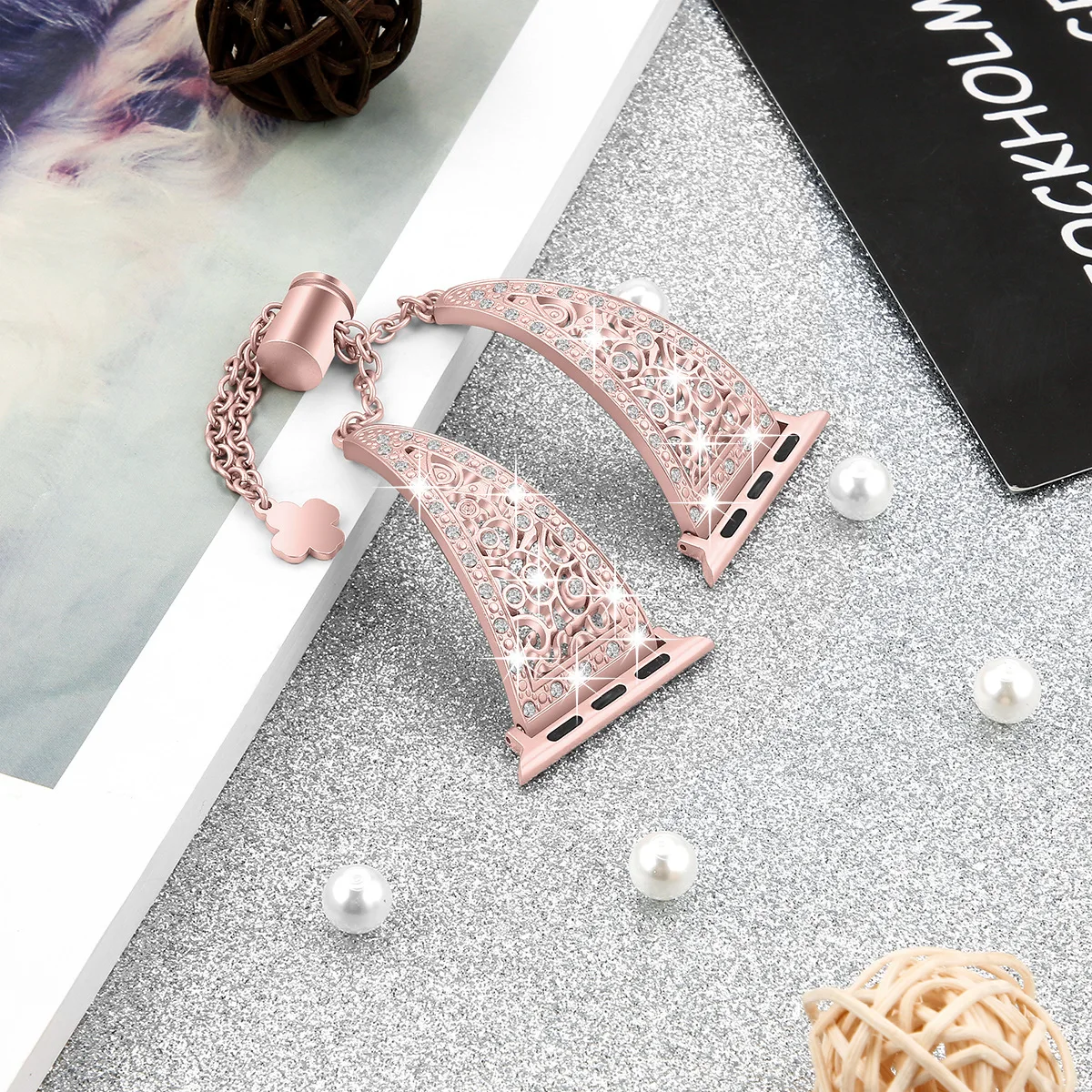 Rose-pink JANSIN Для женщин алмаз ремешок для наручных часов Apple Watch Series 5/4/3/2, браслет из нержавеющей стали, ремешок для наручных часов iWatch 38 мм 42 мм 40 мм 44 браслет - Цвет ремешка: Rose-pink