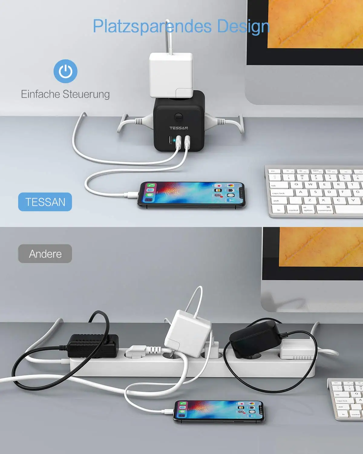 TESSAN 12-Way Socket Strip (2500W / 10A) 5 USB Ports, Multiple Sockets with Switch Overload Protection for Home Office, 2m cable