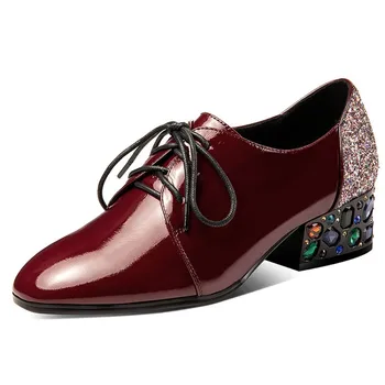 

2019 autumn genuine leather sequins comfortable thick middle heel square lace shoes 42