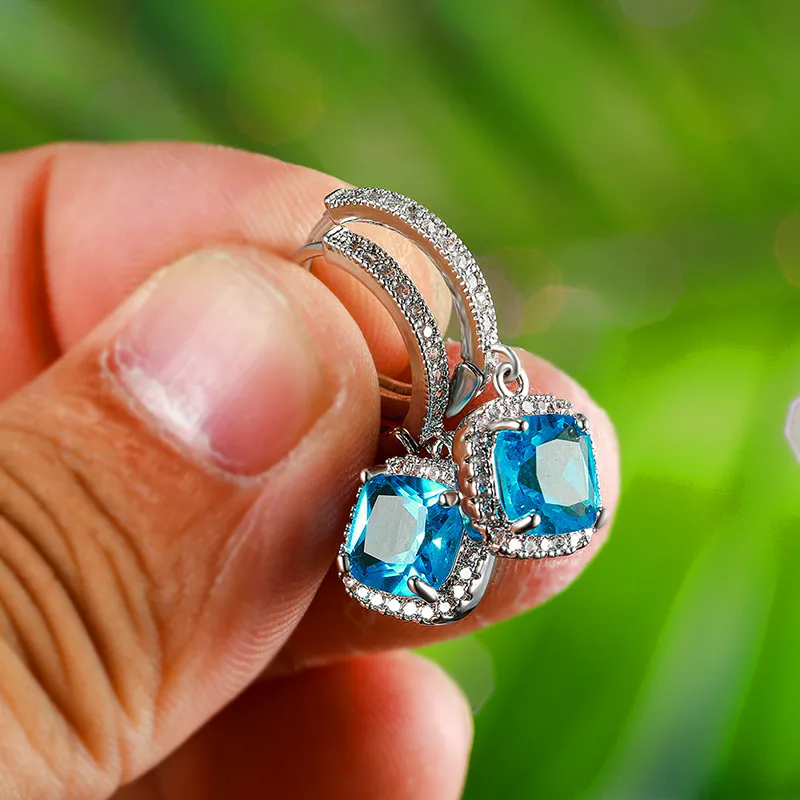Boho женский розовый синий обруч с камнем Серьги модные 925 пробы серебряные свадебные серьги винтажные Ретро Двойные серьги для женщин