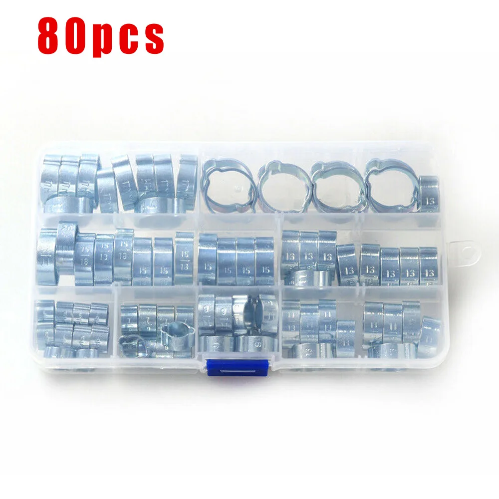 

80pcs Kit Double Ear Hose Clamps Fuel Pipe Water Tube 5-20mm Zinc Plated Crimp