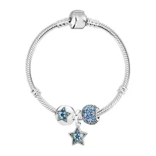 Подлинная 925 пробы Серебряная цепочка-змейка яркая звезда с разноцветными кристаллами Pan браслет Diy ювелирные изделия