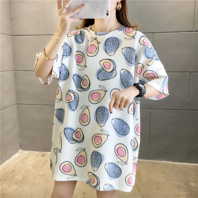 GCAROL 2020 Spring Summer Women Cartoon T-shirt Oversized Graphic Stripes Graffiti Long Tees Multi-design harajuku Tops