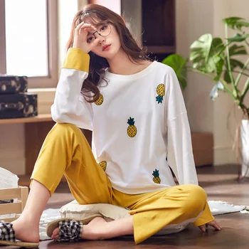 

Spring 2020 New Women Pyjamas 100% Cotton Long Tops Set Female Pajama Sets Loose Leisure Sleepwear Set Women Home Set Full Print