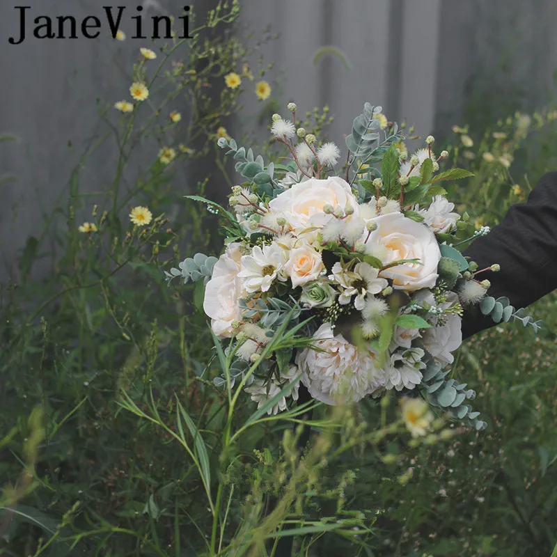 JaneVini Western Стиль Шампанское Свадебный букет из роз Articielle цветок из искусственного шелка Свадебный букет ленты невесты Ramo свадебное платье, Новинка