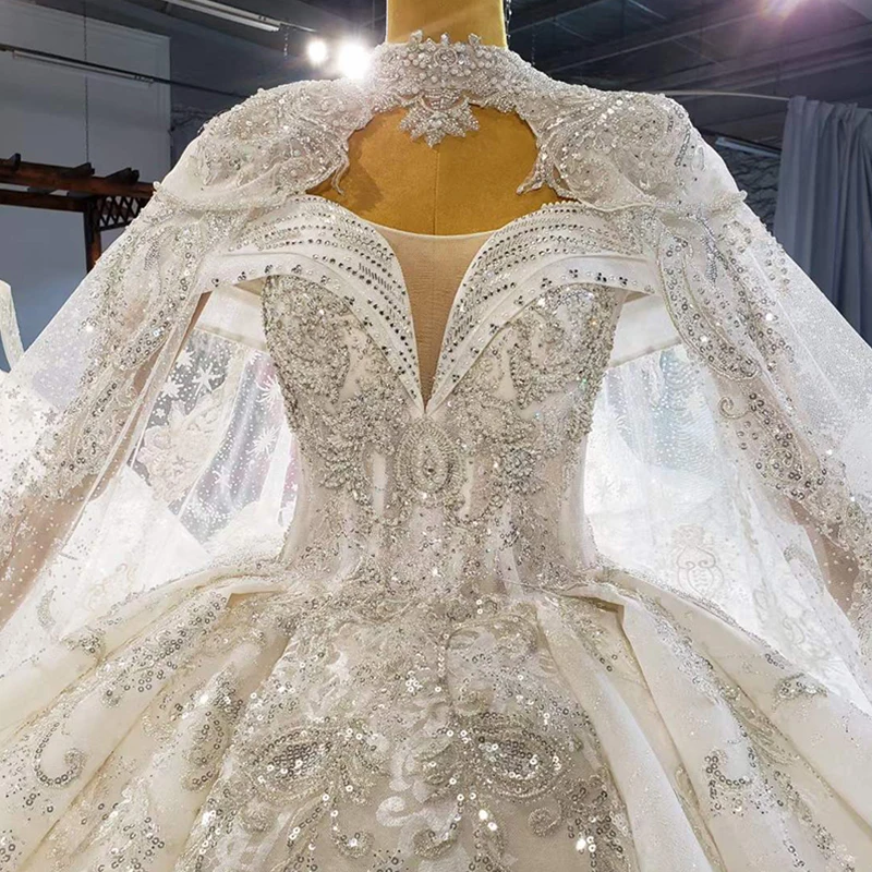 HTL1999 Shawl Yarn Sequined Wedding Dress 2021 Short Sleeve Sexy Deep V-Neck Ball Gowns Appliques Crystal 4