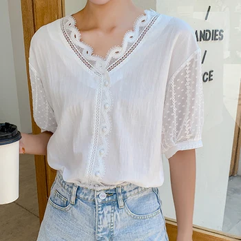 

Half Chiffon Shirt Women Blouse Lace Office Korean V Neck Skits White Slim Blusas Mujer Camisas Femme Tops For Womens 2020 Summe
