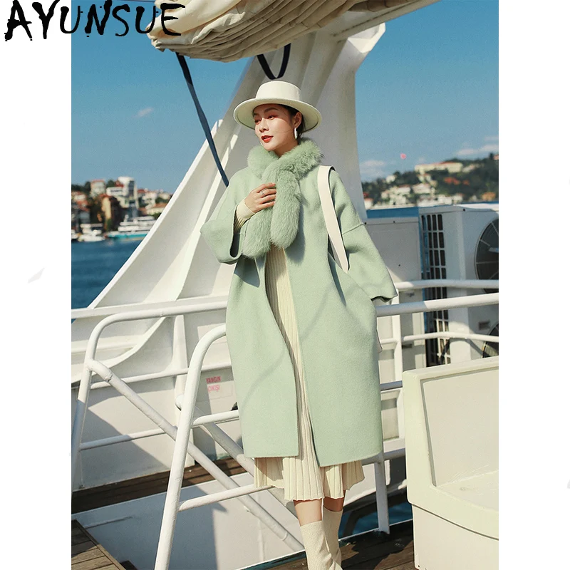 

AYUNSUE 100% Wool Coat Female Jacket Autumn Winter Coat Women Real Fox Fur Collar Double Side Woolen Coats Korean Long Jacket