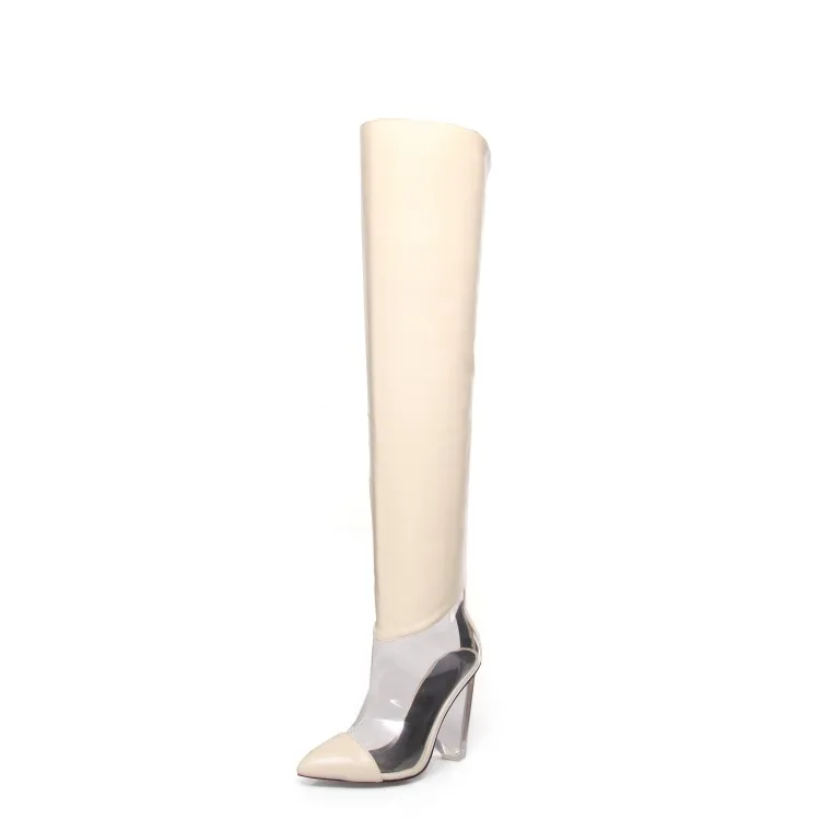 MStacchi/женские зимние прозрачные сапоги выше колена; женские туфли-лодочки с острым носком на высоком каблуке 12 см с кристаллами; модные серебристые женские сапоги - Цвет: cream-coloured