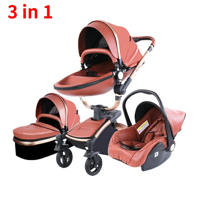 Роскошная детская коляска 3 в 1 с высоким ландшафтом, прогулочная коляска, коляска для новорожденных, кожаное автомобильное сиденье, коляска 2 в 1