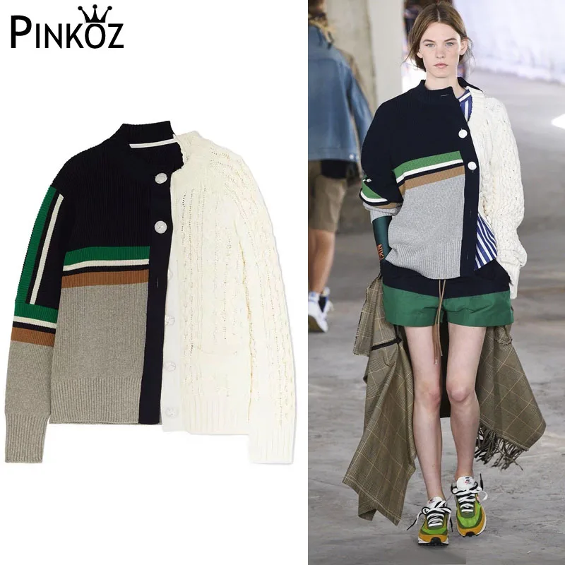 

Pinkoz Runway Winter Casual Women Sweaters Colorblock Patchwork O-Neck Cardigans Single Breasted Long Sleeve Loose Coat Tops