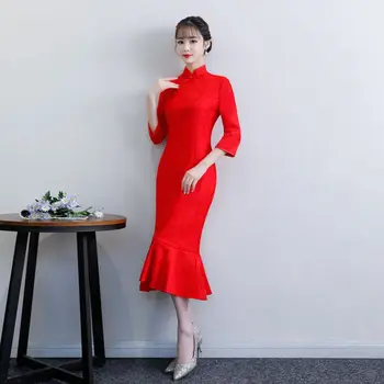 

Lace Velvet Cheongsam Fishtail Dress Modified Cheongsam Dress Marriage Qipao Fashion Cheongsam Elegant Qipa Party Evening Dress