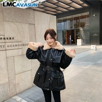 

LMCAVASUN Thick Winter Warm Faux Leather Jacket Long Fur Collar Patchwork Coat Sashes Lim Waist Women Pu Leather Jackets