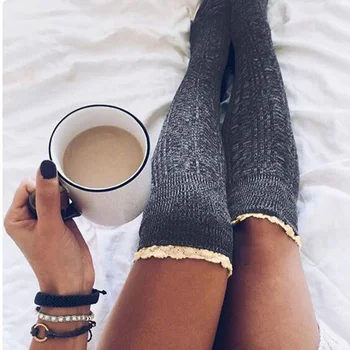 

High Women Lace Trim Knitted Stockings Female Warm Breathable Knee High Socks KTC 66
