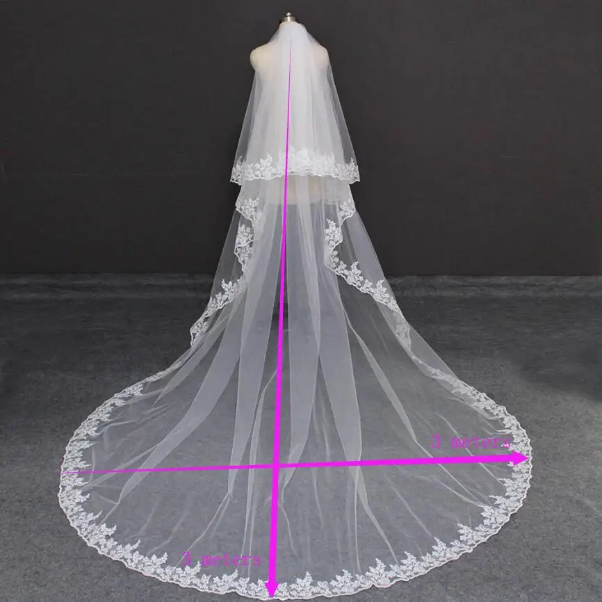 Customized Lace Cathedral 2 Layers Wedding Veil 3M/4M/5M bridal veil