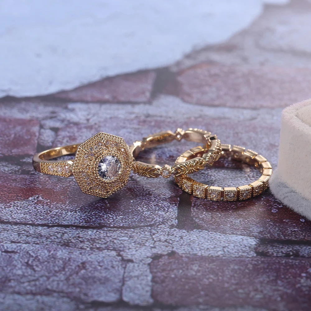 Huitan модные роскошные 3 шт. наборы свадебных колец Благородный Королевский золотой цвет с кубическим цирконием камень с фабрики женское кольцо миди