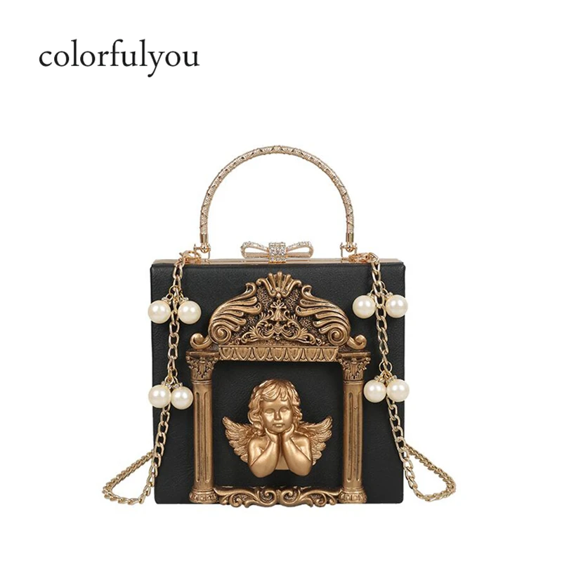 

Luxury Designer Baroque Styles Women Handbag Pearl Chain Shoulder Bags 3D Angel Relief Tote Bags for Lady Wedding Clutch Bolsas