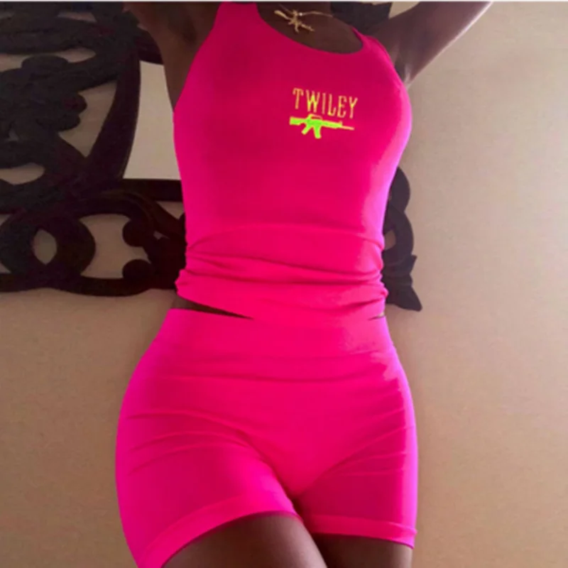 

New Letter Embroidery 2 Piece Set Women Casual Neon Color Tracksuits Summer Streetwear Crop Top And Shorts Sets Fashion Hot