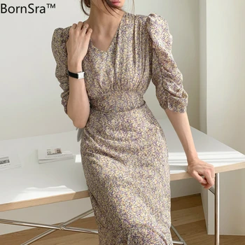 

Mozuleva 2020 Summer Ruffles Floral Print Chic Full Sleeve Ruched Women Dress Female Mermaid Dress Elegant Midi Vestidos Femme