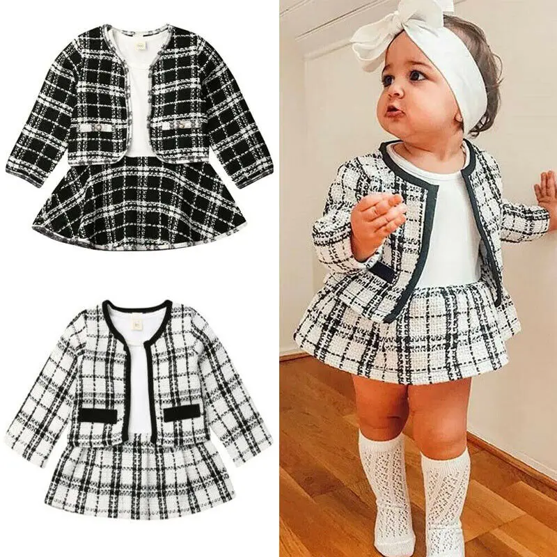 Winter Clothes Toddler Baby Girls Clothes Plaid Coat Tops+Tutu Dress Formal Outfits Set 1-6T