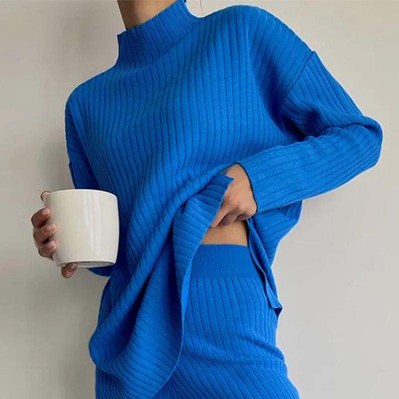 Knitted Women Sets 2 Piece Outfits Solid Casual Pullover Tops Hight Waist Long Pants 2021 Winter Oversized Sweater Blue Suits red jogging suit Suits & Blazers