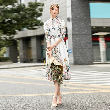 

High Quality Summer 2020 New Women'S Fashion Party Casual Workplace Outing Elegant Chic Gentlewoman Lapel Print Midi Dress