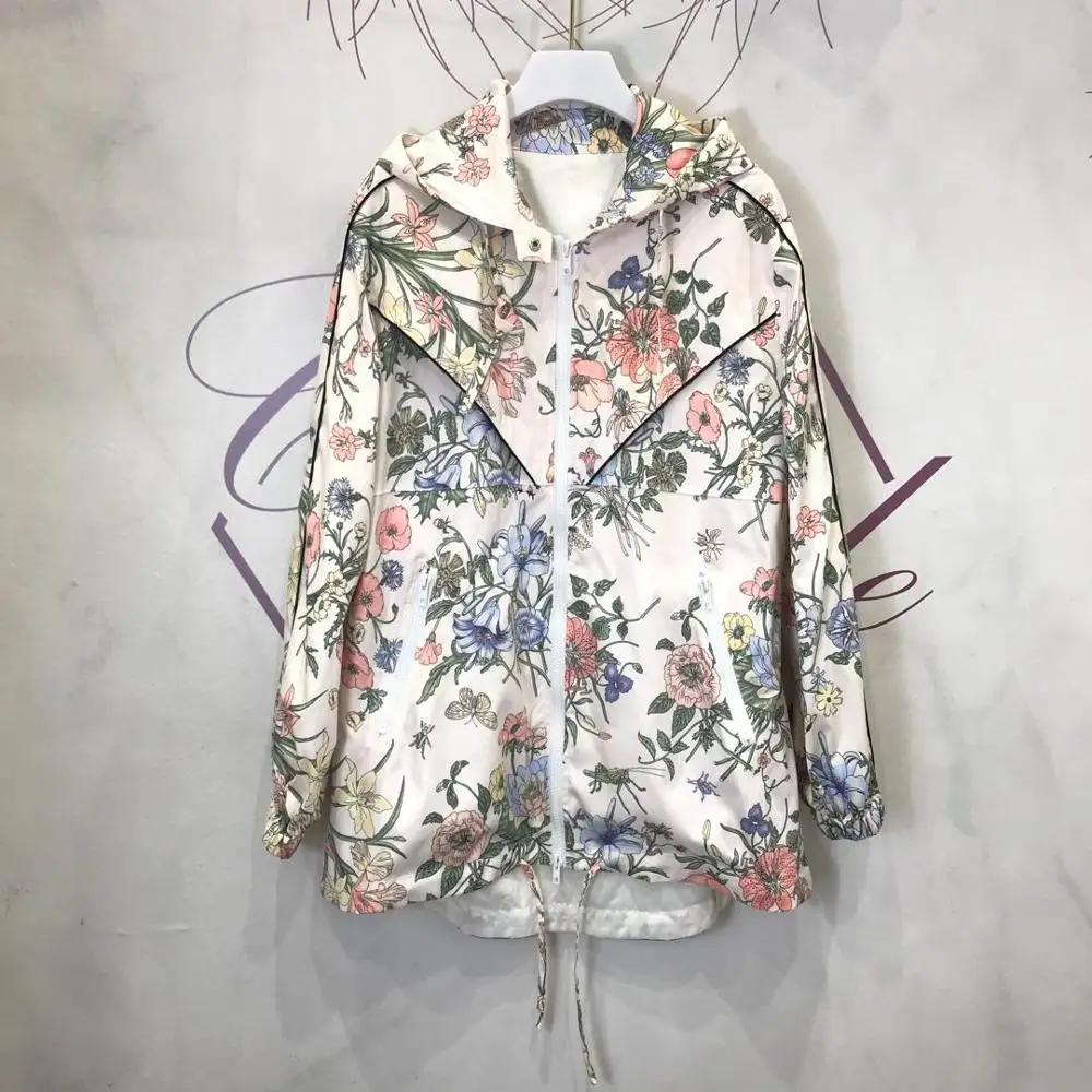 

2019 floral print women trench coat fashion loose female hooded overcoat autumn winter