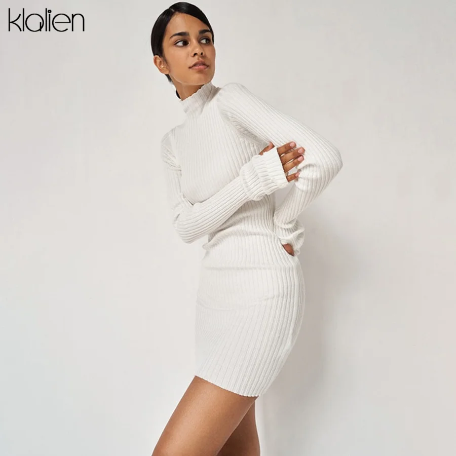 KLALIEN Autumn New Sweater Dress Women Long Sleeve Turtleneck Knit Solid Slim Drawstring Bodycon Dress Thicken Warm Streetwear homecoming dresses