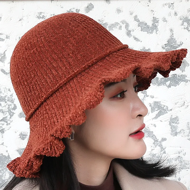 Pure color chenille bucket hat 2109 new female Wild Joker Sunshade basin hat with big brim retro hat autumn/winter hat for women