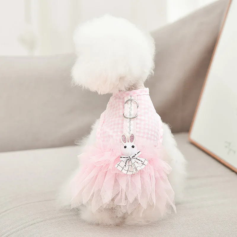 Dog Clothes Summer Dress Harness Cute Cartoon Plaid Pet Skirt Thin