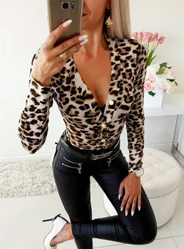 

Women Leopard Bodysuits for Streetwear Patchwork Design Button Deep V Long Sleeve Bodysuits Sexy Lady Slim Skinny Jumpsuits