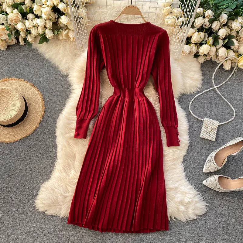 Autumn Winter Vintage Women's Knitted Dress 2020 Elegant V-Neck Temperament Long Sleeve Stripe Sweater Dress Female