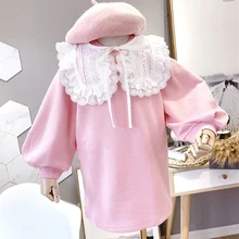 Новое поступление, осеннее платье со съемным кружевным воротником для девочек, розовое платье принцессы с длинными рукавами и буфами