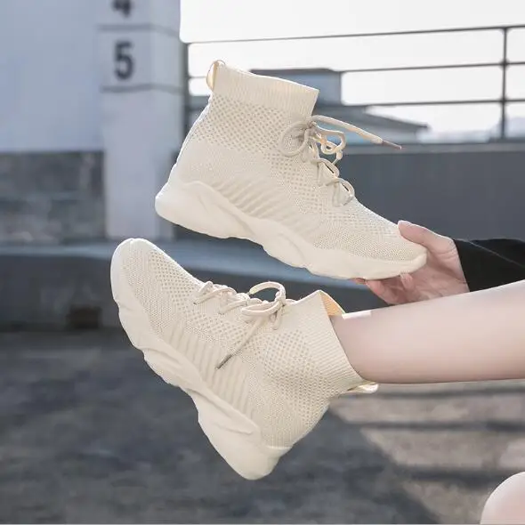 

Sneakers Women Mesh Lace-Up Solid Flat Platform Shallow Stretch Fabric Knited Spring Autumn Wedges Shoes For Women 812W