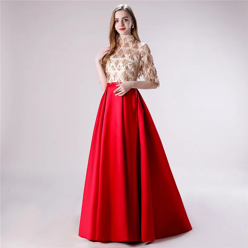 BAcklakeGirls/красные вечерние атласные платья с высоким горлом и короткими рукавами, расшитые блестками, с кисточками, вечернее платье на молнии сзади