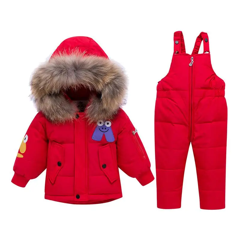 Зимнее пальто для новорожденных мальчиков детское пуховое пальто детский теплый зимний комбинезон, верхняя одежда+ комбинезон, комплект одежды, русская зимняя куртка - Цвет: Red